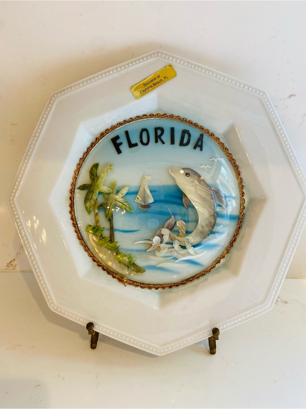 Florida Diorama Dolphin Capiz Shell Convex Glass Art Plate Souvenir 10”